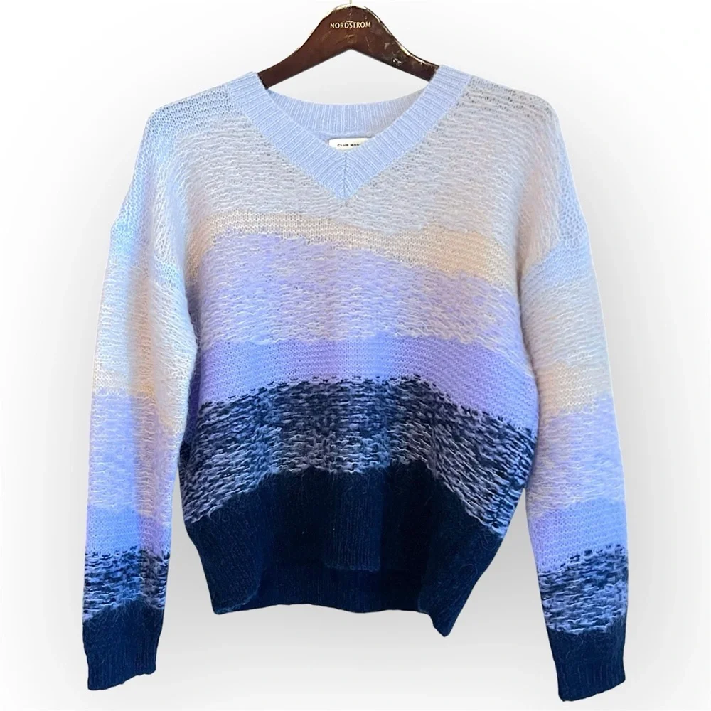 NEW Club Monaco chunky mohair pullover sweater, lavender and navy, Oversized XS - Picture 2 of 11